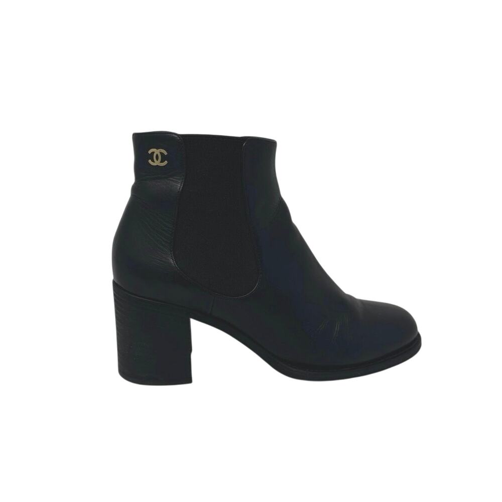 Chanel Black Leather Ankle Boots CC Logo Block Heel Booties Size 38C - Picture 2 of 10